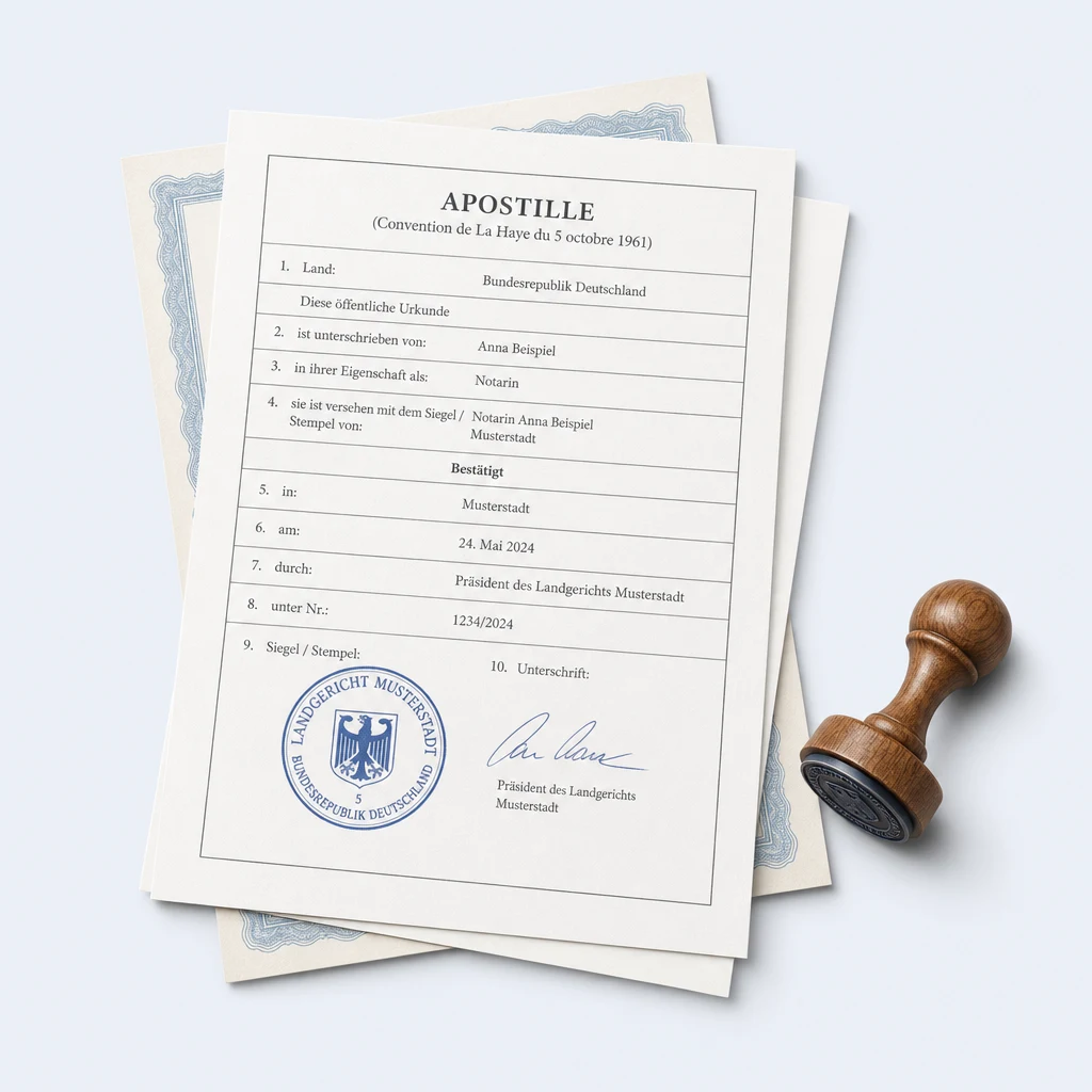 Apostille nach Haager Übereinkommen mit amtlichem Siegel und Stempel
